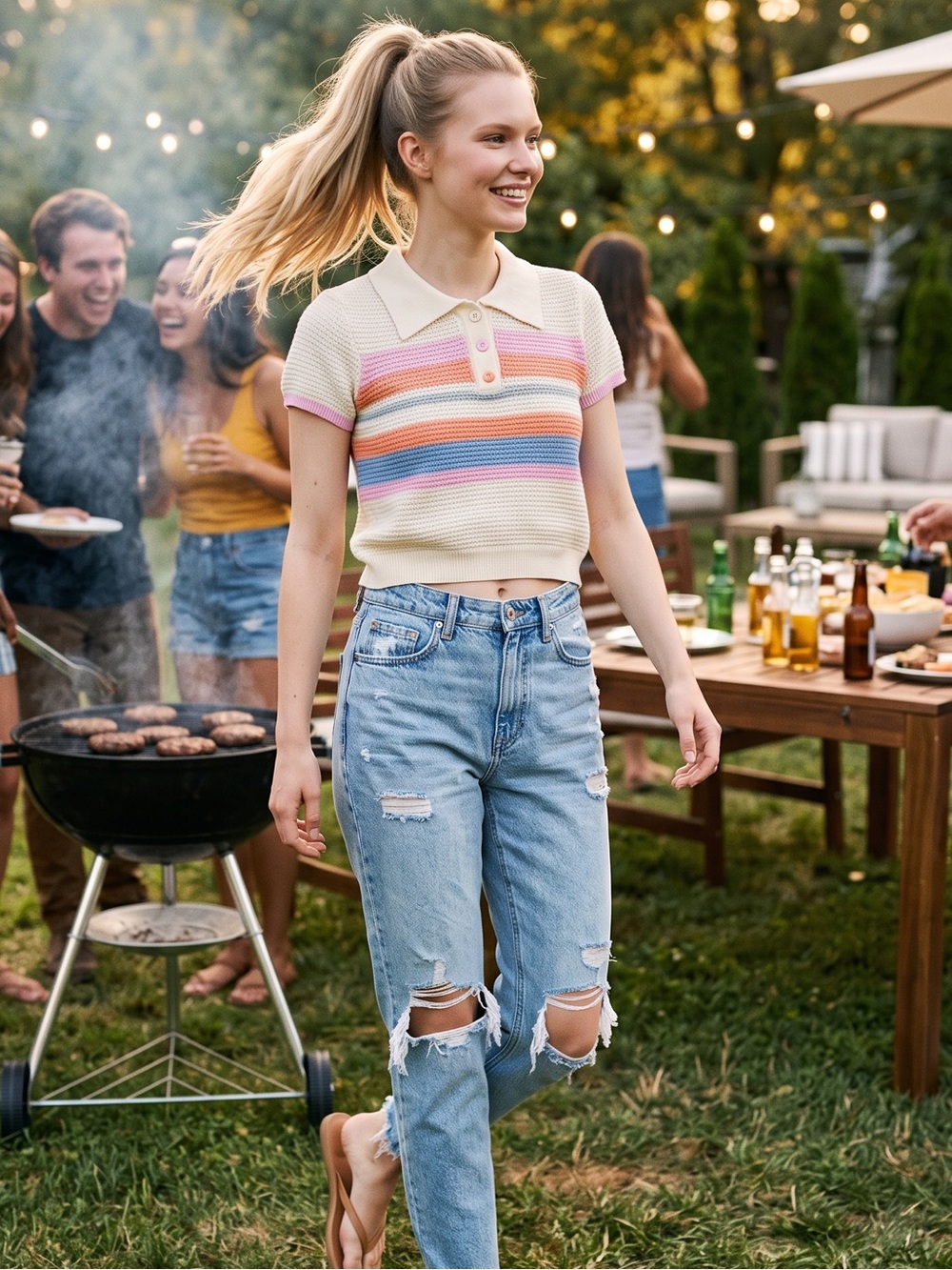 Alicedudu Colorful Striped Knit Polo Top